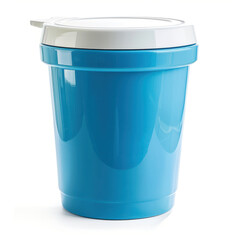 Blue beach cooler with white lid on white background