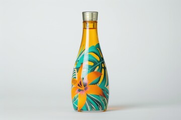Bottle of tanning oil with tropical design on white background
