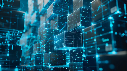 futuristic warehouse with interconnected, glowing blue digital lines and floating boxes, representing an AI driven supply chain management system optimizing logistics