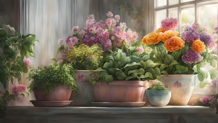 A florist full of fresh flowers from a pastel planter, surrounded by plants and potted greens on a shelf, ai