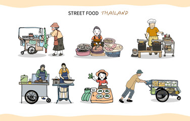 Street food in Thailand collection. Thailand market. Hand drawn style vector illustration.