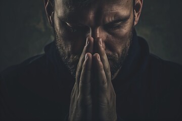 Man sits in contemplative pose with hands clasped together against dark background. He wears black jacket, has dark hair framing his face. Image conveys introspection, spirituality, quiet reflection.