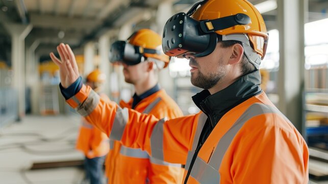 Construction workers using VR technology for training on a construction site. They are wearing protective gear including helmets and safety vests.