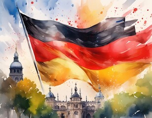 Berlin Germany flag with crowd of people. Watercolor painting.