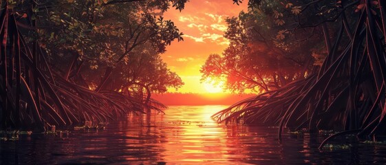 Obraz premium Serene sunset over calm river with lush green trees and golden sky, capturing the beauty of nature's tranquility and peaceful ambiance
