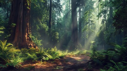 Obraz premium Sunlight streaming through towering trees in a lush forest, creating a serene and tranquil atmosphere along a wooded path