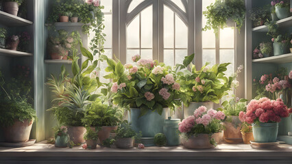 Fototapeta premium A florist full of fresh flowers from a pastel planter, surrounded by plants and potted greens on a shelf, ai