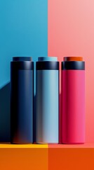 Three bottles of different colors are lined up on a table