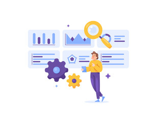 data visualization and analytics concept. a data analyst analyzes, explores, and develops big data. observing and processing company or business information. flat style design. graphic elements