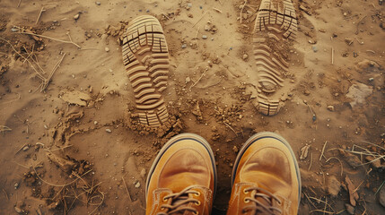 A pair of sturdy boots resting on the sand captures a sense of adventure and ruggedness amidst the serene beach setting. The contrast between the durable footwear and the soft, sandy surface highlight