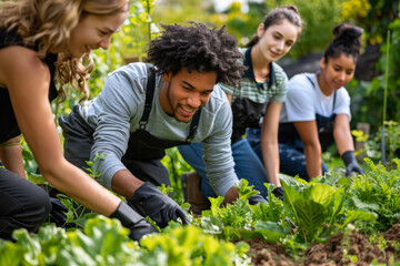 Group of friends gardening together, enjoying outdoor activities and teamwork. Suitable for community, collaboration, and nature concepts.