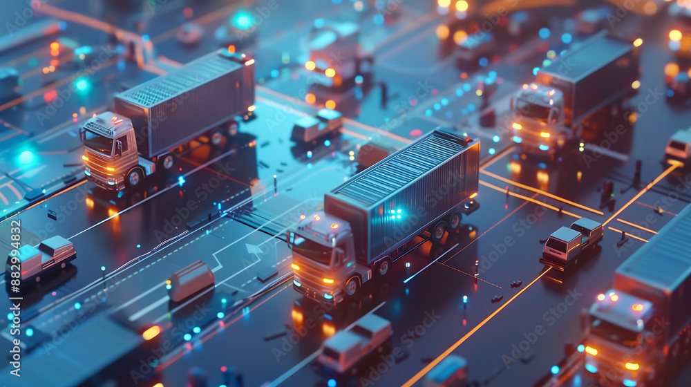 Poster futuristic city with an array of trucks and cars on the road, all connected by glowing data streams 