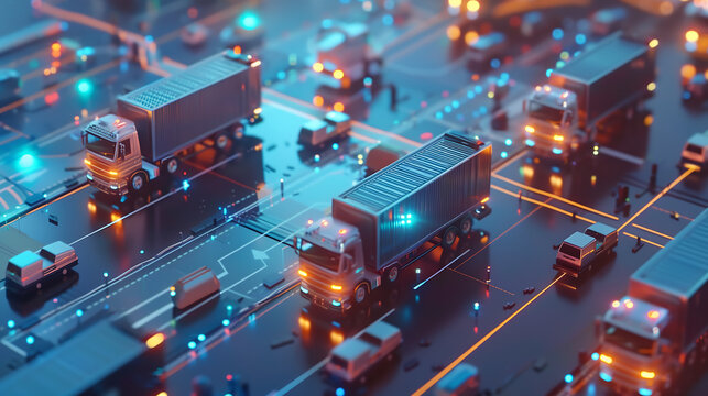 futuristic city with an array of trucks and cars on the road, all connected by glowing data streams representing a global logistics network technology
