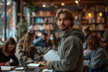 Obraz premium group of young people sitting in library