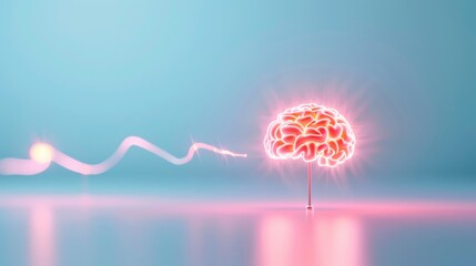 Futuristic glowing brain with light trail on a reflective surface, representing innovation, creativity, and advanced technology in neural sciences.