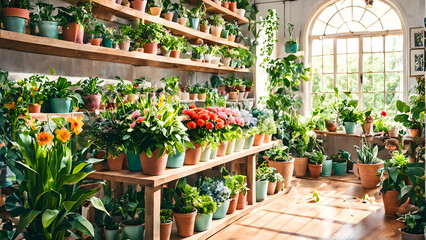 A florist full of fresh flowers from a pastel planter, surrounded by plants and potted greens on a shelf, ai	