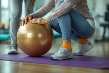 Naklejka premium young woman in sportswear doing exercises with ball in gym