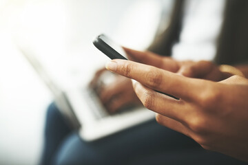 Phone, laptop and hands of people with job search, opportunity or online application at recruitment agency. Technology, networking and employees in hr office for interview, internship or registration