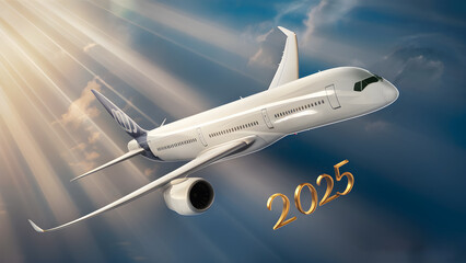 White airplane and 2025 Happy new year text gold 3D flying in the beautiful sky. Concept of travel in new year, Airlines companies and tickets costs. Airplane model and numbers 2025 on sky background.