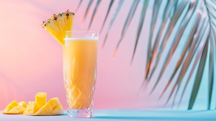 Obraz premium Gradient pink to blue background displaying a modern glass of tropical smoothie with pineapple, mango, and coconut milk