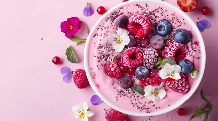 Gradient pink to purple background featuring a stylish smoothie bowl topped with fresh berries, chia seeds, and edible flowers