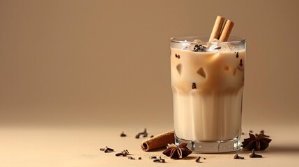 Soft beige backdrop showcasing a sleek glass of iced chai latte with cinnamon sticks and star anise