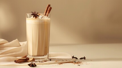 Soft beige backdrop showcasing a sleek glass of iced chai latte with cinnamon sticks and star anise