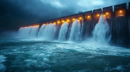 Hydro power, hydroelectric dam generating clean energy, powerful flow of water, sustainable and eco-friendly. Powerful Water Flow at an Illuminated Dam