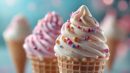 Ice cream cone, soft serve ice cream in a waffle cone with sprinkles, cool and refreshing. Delicious Ice Cream Cones with Sprinkles