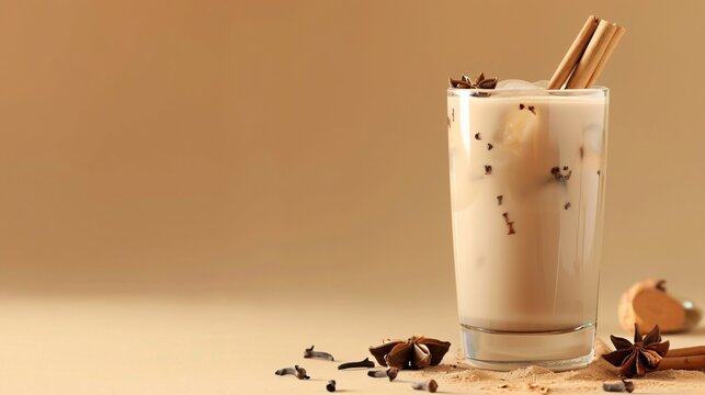 Soft beige backdrop showcasing a sleek glass of iced chai latte with cinnamon sticks and star anise
