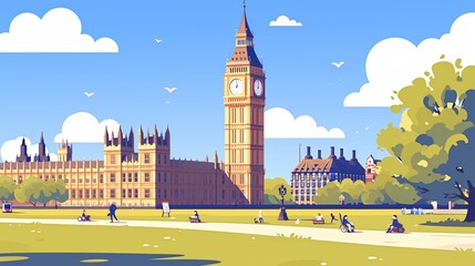 Cute cartoon landscape of the iconic Big Ben clock tower in London, minimalist backgrounds, simple and colorful illustrations