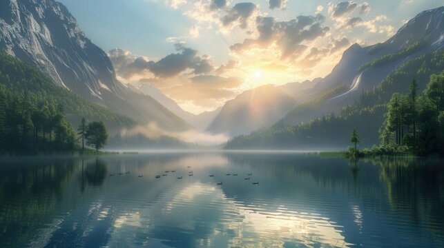 Breathtaking landscape of a serene mountain lake at sunrise