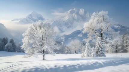 Obraz premium Breathtaking winter wonderland with snow-covered trees and mountains