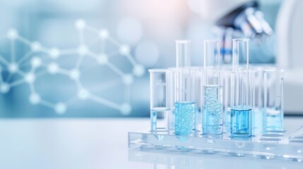 Lab glassware with blue liquids and molecular structure background, representing scientific research and experimentation in a laboratory setting.