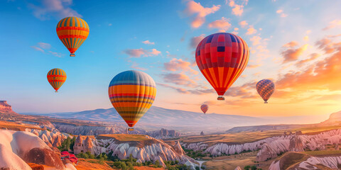 Obraz premium Hot air balloons hovering in the sky on sunrise in Cappadocia, Turkey