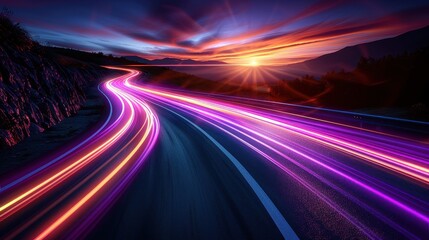 Abstract Sunset Landscape with Colorful Light Trails on Winding Road