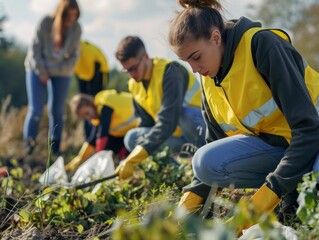 Volunteers wearing gloves clean up litter in a natural area, emphasizing community efforts in environmental conservation and pollution prevention
