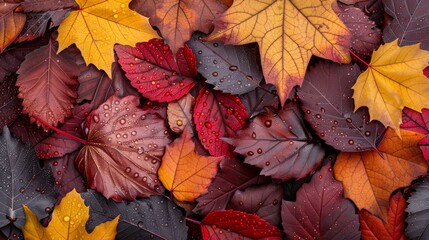 Close-up of colorful autumn leaves with raindrops, featuring a mix of red, yellow, and orange hues, capturing the essence of fall foliage.