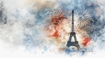 Abstract watercolor painting of Eiffel Tower with vibrant fireworks in the background, showcasing Parisian beauty and celebration.