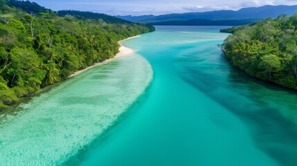 Aerial view of a serene turquoise river winding through lush green forest, blending into an idyllic sandy beach under a clear blue sky.