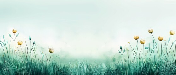 Minimalist meadow scene with yellow flowers and soft green grass under a calm sky. Ideal for backgrounds and nature-themed designs.