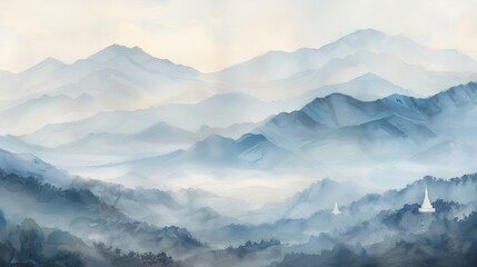 Stunning watercolor painting of misty mountains with delicate hues of blue and white, evoking tranquility and serenity.