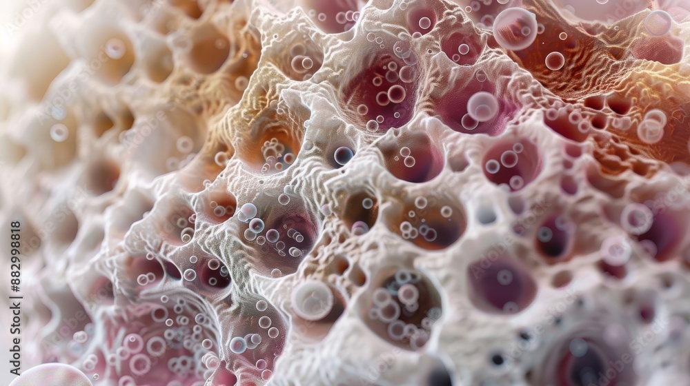 Poster detailed close-up of soap bubbles creating an abstract, organic texture with various colors and intr