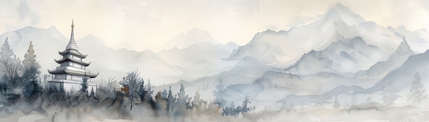 Serene watercolor landscape with a traditional pagoda and misty mountains, depicting tranquility and nature's beauty.