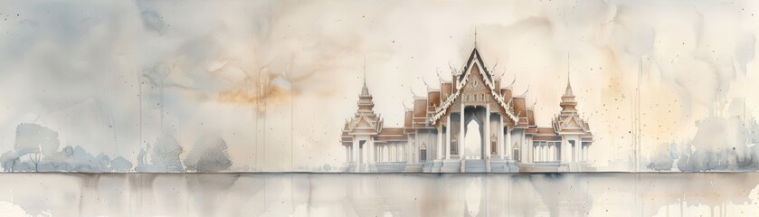 Fototapeta premium Stunning watercolor painting of a traditional Thai temple with beautiful architecture and serene background, perfect for art enthusiasts and travelers.