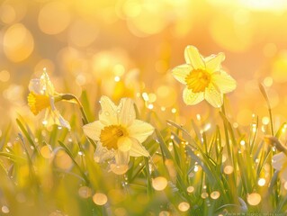 ethereal spring meadow at dawn backlit daffodils creating a golden haze soft bokeh effect of dewdrops on grass in foreground