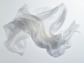 Fototapeta premium ethereal white silk fabric gracefully suspended in midair capturing the fluid motion and delicate folds against a pure white background emphasizing lightness and movement