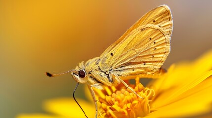 Close-up of a small butterfly perched on a bright yellow flower, showcasing delicate wings and natural beauty in a colorful macro shot.