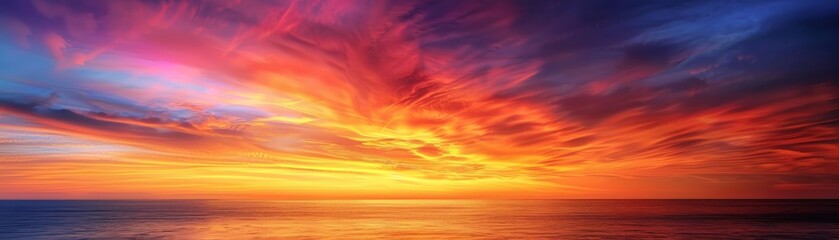 Stunning vibrant sunset over the ocean with colorful cloudy sky, capturing the serene beauty of nature and a tranquil seascape horizon.