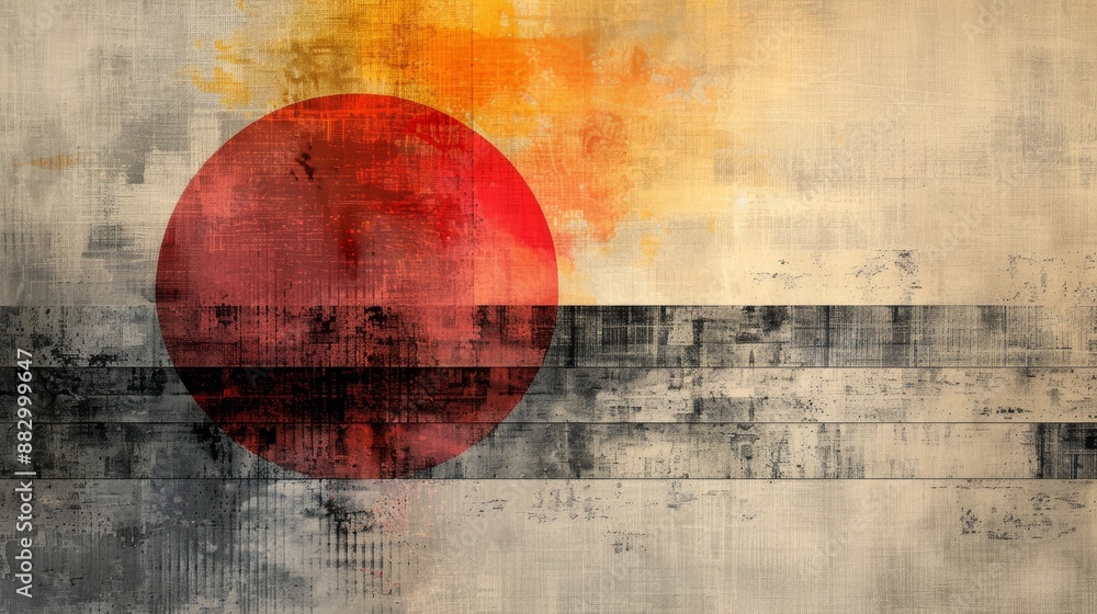 Poster abstract artwork featuring a large red circle against a textured background with horizontal black an